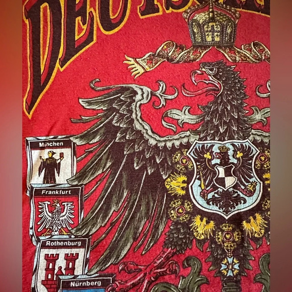 Vintage 1980s Deutschland Germany T-Shirt M Red Tee Crest Worn - Picture 6 of 8